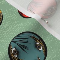 EyeScape, surrealist snails in circles of teal, red, peach, ochre, on jade grunge background