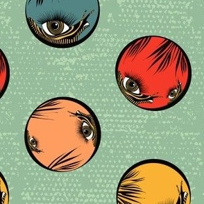 EyeScape, surrealist snails in circles of teal, red, peach, ochre, on jade grunge background