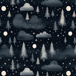 Moon night with fir trees and clouds