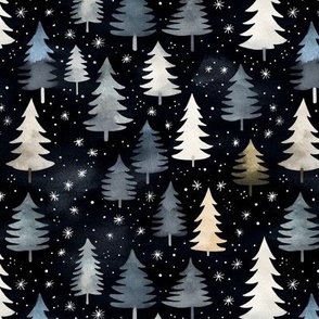 Winter spruce forest. Night woodland scene