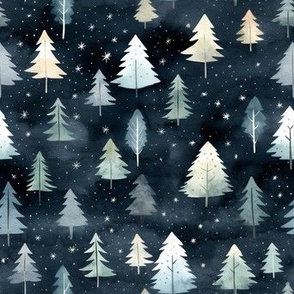 Winter spruce forest. Night woodland scene