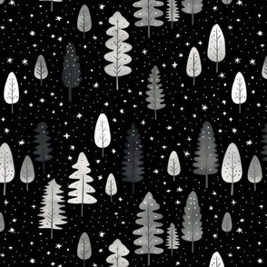 Winter spruce forest. Night woodland scene