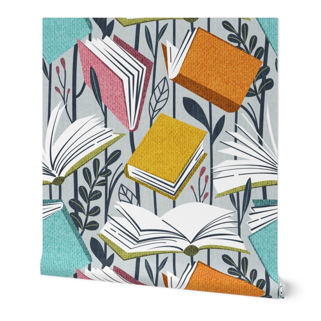 Magical book meadow // large jumbo scale // bunny grey background yellow pink mint green and orange surrealistic books flowers hale navy blue garden stems and leaves wallpaper