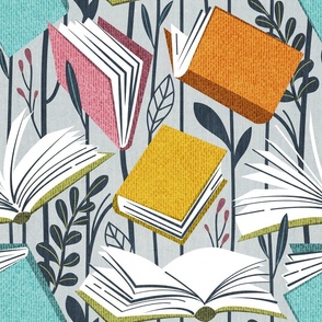 Normal scale // Magical book meadow // bunny grey background yellow pink mint green and orange surrealistic books flowers hale navy blue garden stems and leaves 