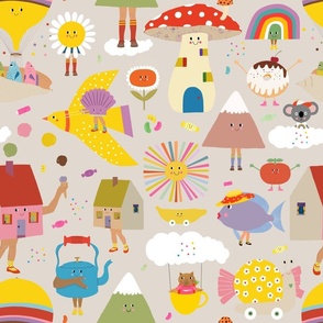 Surreal Kids Dreamland characters on beige 