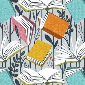 Small scale // Magical book meadow // bunny grey background yellow pink mint green and orange surrealistic books flowers hale navy blue garden stems and leaves