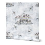 Dreamy Cloud-Bound Carousel with Horses in Muted Grays Blues, Greens, Yellows in Clouds