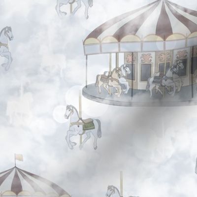 Dreamy Cloud-Bound Carousel with Horses in Muted Grays Blues, Greens, Yellows in Clouds
