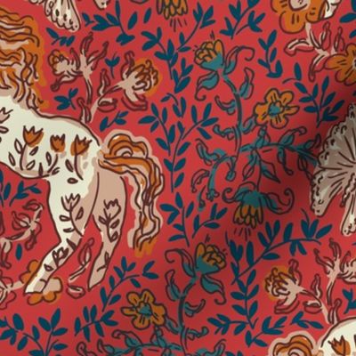 Unicorn medieval tapestry red
