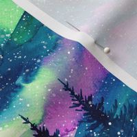 Nothern lights forest, aurora borealis, watercolor