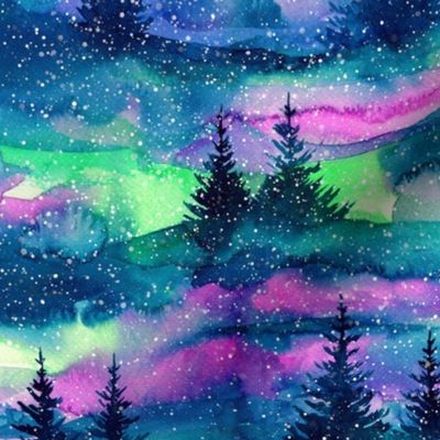 Nothern lights forest, aurora borealis, watercolor