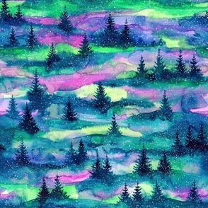 Nothern lights forest, aurora borealis, watercolor