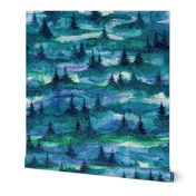 Nothern lights forest, aurora borealis, watercolor, galaxy, snow