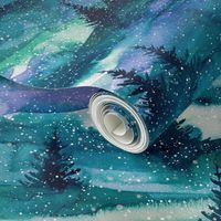 Nothern lights forest, aurora borealis, watercolor, galaxy, snow