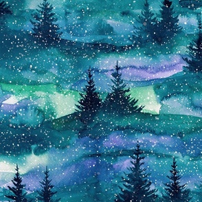 Nothern lights forest, aurora borealis, watercolor, galaxy, snow