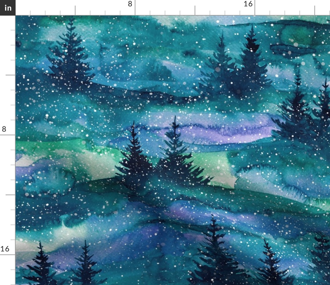 Nothern lights forest, aurora borealis, watercolor, galaxy, snow