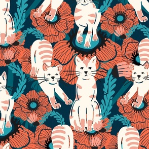 Surreal cats and anemones - Deep blue background
