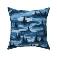 forest on hills in winter blue, fir trees