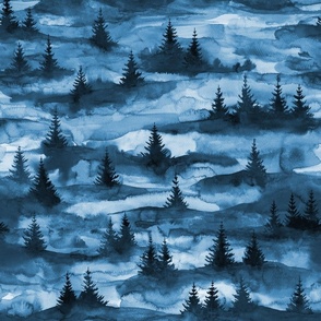 forest on hills in winter blue, fir trees