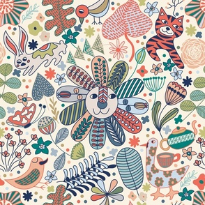 Surreal Animal Planet for Kids - coral, beige, navy blue, sage green, peach - bedsheets, wallpaper, bedding, pillows