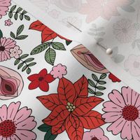 Romantic Christmas vulva design - female empowerment vagina design with seasonal flowers pink green red on white MEDIUM