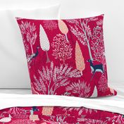 Enchanting Surreal Forest//Fuchsia//Whimsical//large scale//mughal garden//peacock,deer//wallpaper//homedecor//fabric