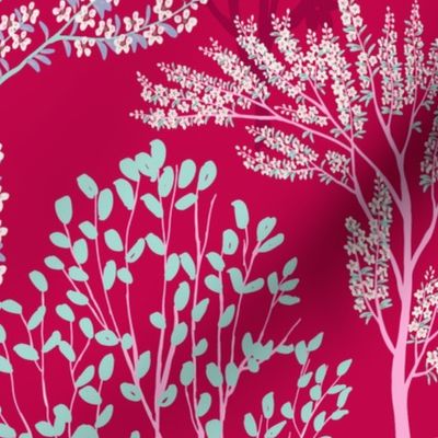 Enchanting Surreal Forest//Fuchsia//Whimsical//large scale//mughal garden//peacock,deer//wallpaper//homedecor//fabric