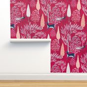 Enchanting Surreal Forest//Fuchsia//Whimsical//large scale//mughal garden//peacock,deer//wallpaper//homedecor//fabric