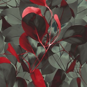 Red eucalyptus leaves in the night forest