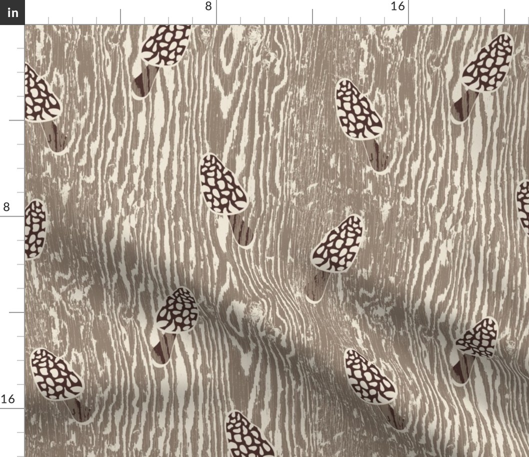 Peek-a-boo Morels Woodgrain Texture- Mushroom and Antique White- Regular Scale