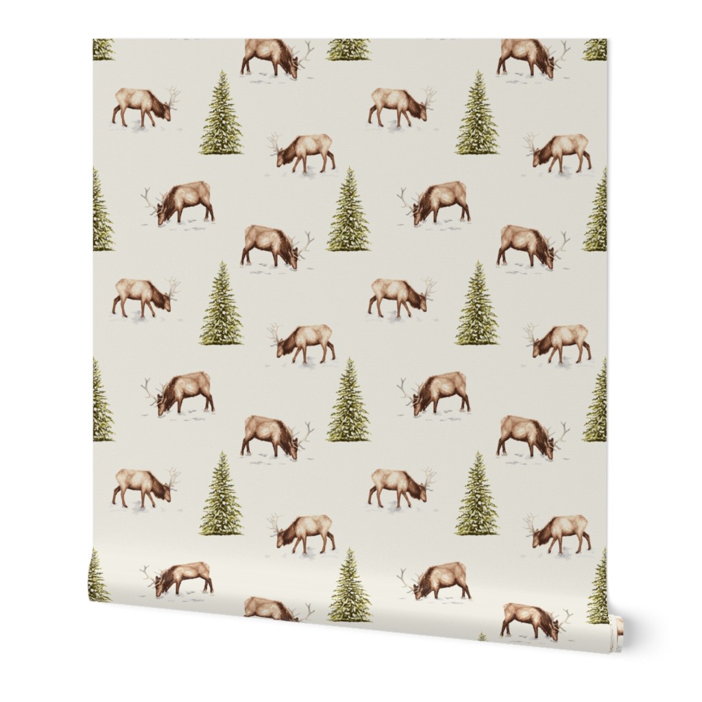 SMALL Elk herd with racks of antlers in snow with evergreen pine trees winter toile de jouy 