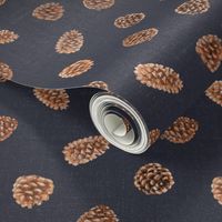 Pinecones scattered on Denim Blue in Masculine Cabincore Pattern for Log Cabin or Lodge