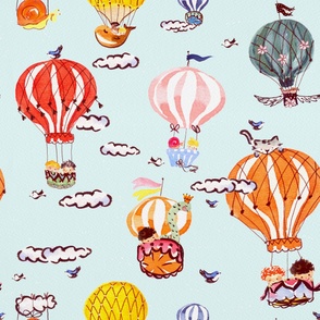 Pastel blue fantasy  hot air balloon ride with fantastic pets
