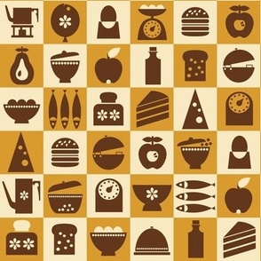 Kitchen Tools and Food: Coffee Pot, Egg, Broad, Apple, Fish, Tea Pot, Cheese, Burger, Cake, Pear, Toast, Pan, Scale for Retro Style Lovers