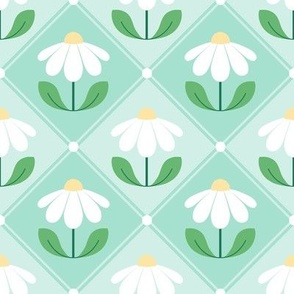 On Point Daisies - Bold Graphic Floral In White With Soft Teal Diamond Lattice Work