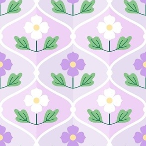 Pretty Primroses - Stylized Floral In White and Lavender Set In A Graphic Ogee Pattern