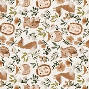 boho wild animal party - with fox owl squirrel and hedgehog - in neutral brown orchid and forest green - rotated small scale (1/5)