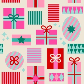 MEDIUM • Retro mid-mod Christmas Gifts 4. Pink, Red, Aqua, Teal on Panna Cotta cream