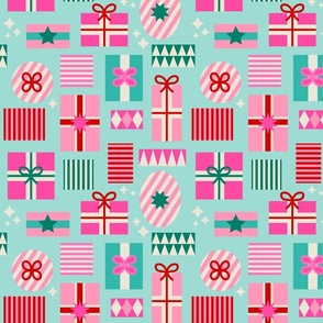 SMALL • Retro mid-mod Christmas Gifts 5.  Teal, pink and Panna Cotta cream on Aqua