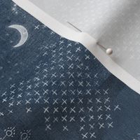 Sashiko Patches with Moons and Stars in Indigo Blue (large scale) | Dark blue patchwork linen circles, Japanese stitch patterns, sashiko stitching, visible mending with block prints in navy blue and gray.