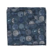 Sashiko Patches with Moons and Stars in Indigo Blue (large scale) | Dark blue patchwork linen circles, Japanese stitch patterns, sashiko stitching, visible mending with block prints in navy blue and gray.
