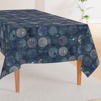 Sashiko Patches with Moons and Stars in Indigo Blue (large scale) | Dark blue patchwork linen circles, Japanese stitch patterns, sashiko stitching, visible mending with block prints in navy blue and gray.