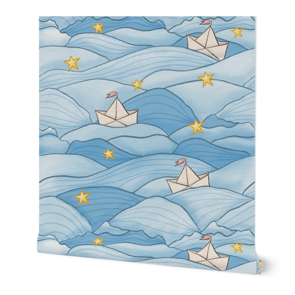 Sail away in paper boats imagine - ocean, waves, water, sea, nautical, stars - blue, yellow, white (large)