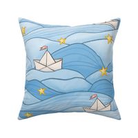Sail away in paper boats imagine - ocean, waves, water, sea, nautical, stars - blue, yellow, white (large)