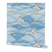 Sail away in paper boats imagine - ocean, waves, water, sea, nautical, stars - blue, yellow, white (large)