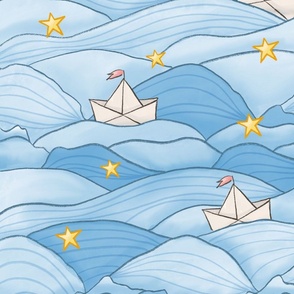 Sail away in paper boats imagine - ocean, waves, water, sea, nautical, stars - blue, yellow, white (large)