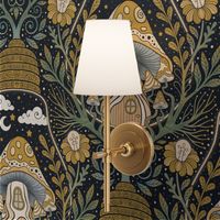 Whimsical surreal mushroom garden inside a bulb - golden - home decor - wallpaper - floral -