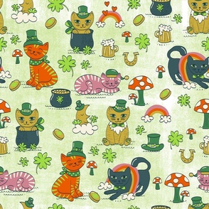 big// Saint Patrick's Cats Rainbow Clovers Light Green background