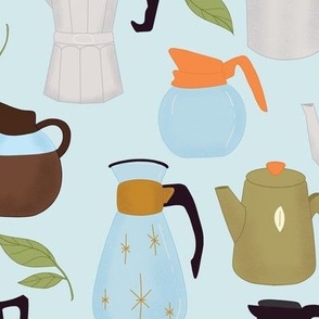 Coffee Pots on baby blue background
