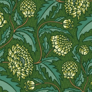 Chrysanthemum Wood Block Print - Satured Green - Victorian Garden Flowers